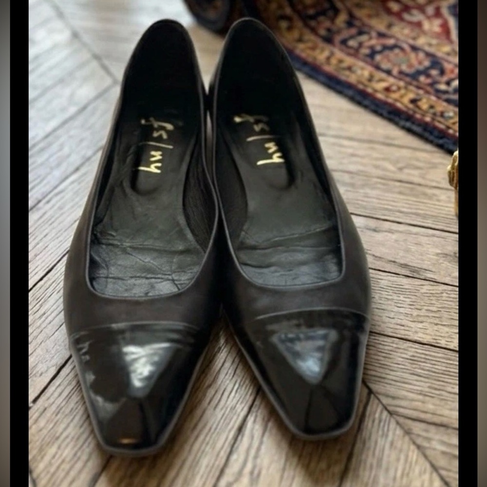 FS/NY Women’s Black Leather Flats Patent Cap Toe Slip-On Shoes Women’s Size 9M